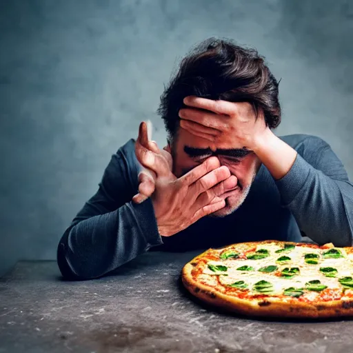 Prompt: Italian chef crying while looking at a pineapple pizza on a table and sitting, photo