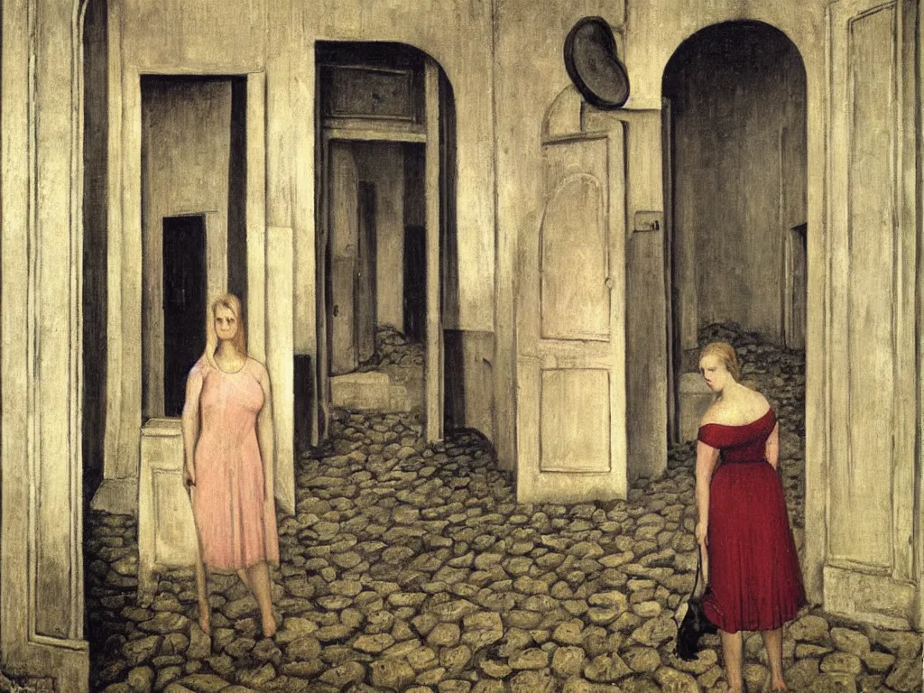 Image similar to woman standing in the doorway with coral. flood. painting by paul delvaux