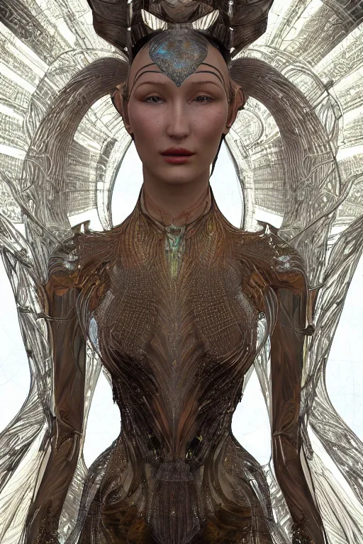 Prompt: a highly detailed picture of a beautiful alien goddess bella hadid in iris van herpen dress schiaparelli in diamonds in style of alphonse mucha art nuvo trending on artstation made in unreal engine 4