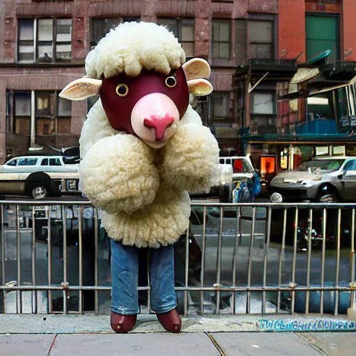 Prompt: sheep from 'Sheep in the Big City' drinking a beer. New York City.