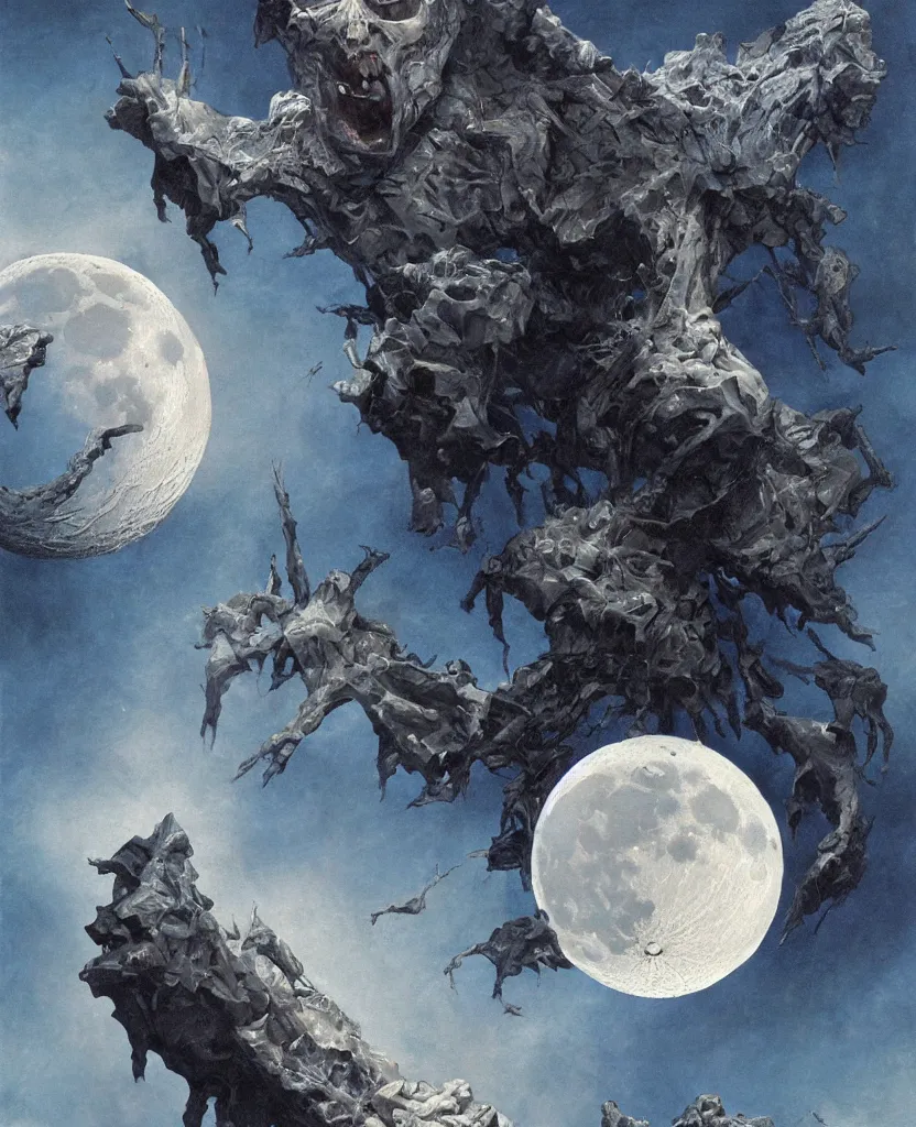 Image similar to moon made from thousands corpses of Nicolas Cage, highly detailed, artstation, art by (((Szukalski))), wayne barlowe, phil hale