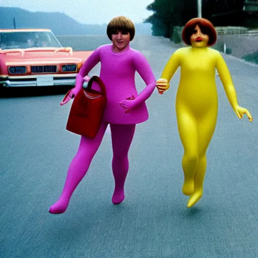 Image similar to Still from an Agnes Varda film about two housewives dressed as inflatable toys running away from their problems, Technicolor 1980