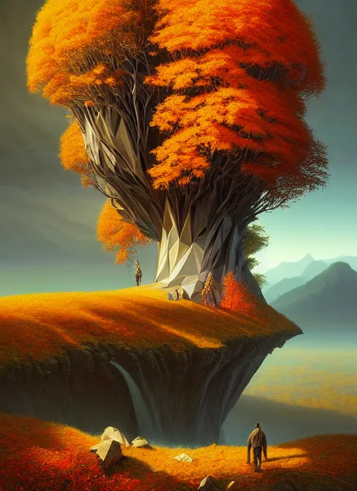 Image similar to a hyper - detailed 3 d render like a oil painting of fall in the low - poly hills, surrealism!!!!! surreal concept art, lifelike, photorealistic, digital painting, aesthetic, smooth, sharp focus, artstation hd, by greg rutkowski, chris tulloch mccabe, valentina remenar, krenz cushart and asher duran,