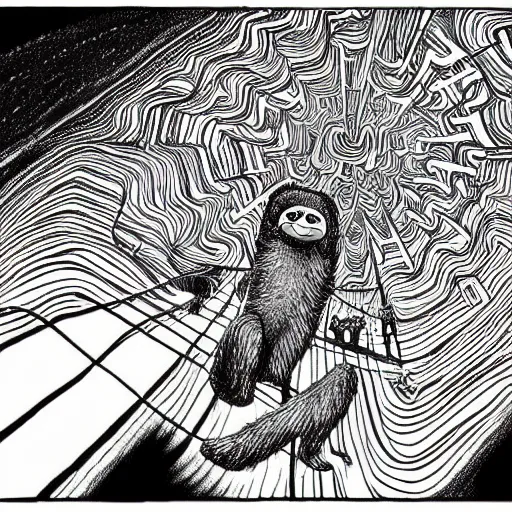 Prompt: black and white trippy comic art of a sloth riding a merry go round, lots of particles, drawn by Martin Rowson, Tim Burton, Studio Ghibli, Alex Pardee, Nekro Petros Afshar, James McDermott, cgsociety 4K