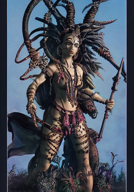 Image similar to Horizon zero dawn kali durga editorial by Wayne Barlowe designed by alexander mcqueen painted by caravaggio and by virgil finlay