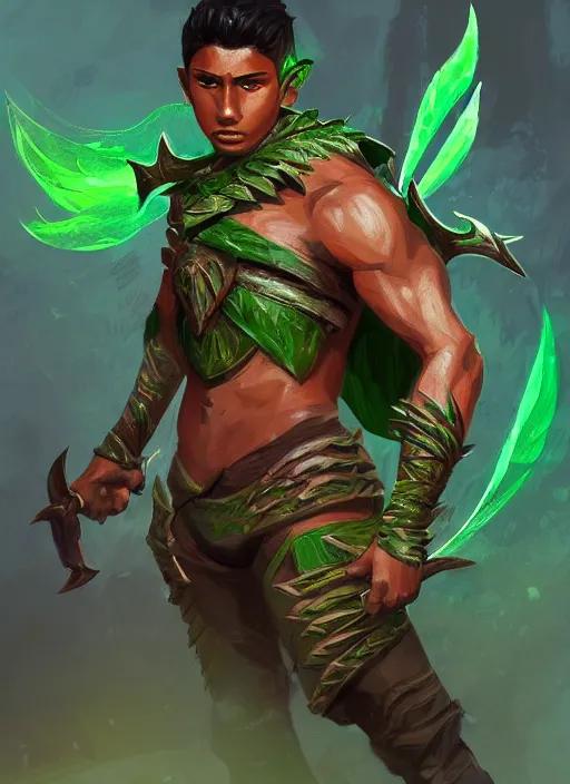 Prompt: a highly detailed illustration of fierce attractive young tanned short haired tribal latino boy wearing green wolf cape, heroic wielding sword pose, muscular, intricate, elegant, highly detailed, centered, digital painting, artstation, concept art, smooth, sharp focus, league of legends concept art, wlop