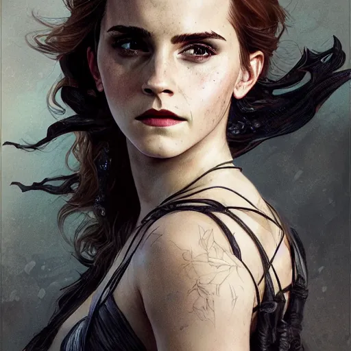 Prompt: emma watson as a witch, scarlett johanson as a rogue, leather armor, d & d, fantasy, intricate, elegant, highly detailed, digital painting, artstation, concept art, matte, sharp focus, illustration, art by greg rutkowski and alphonse mucha