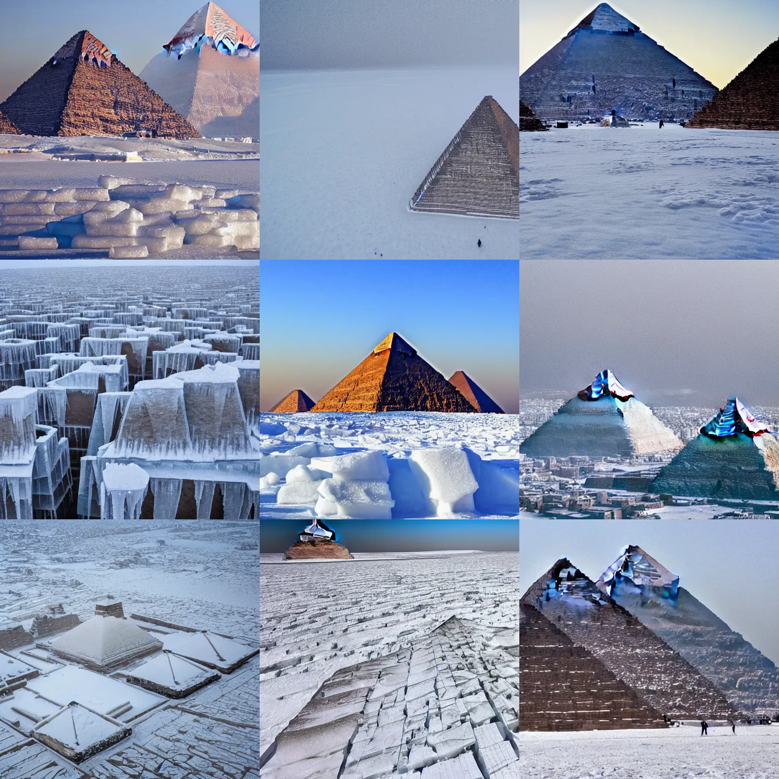 Prompt: pyramids of giza frozen covered in ice and snow