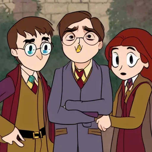 Image similar to Harry Potter, Ron and Hermiona in a DuckTales style