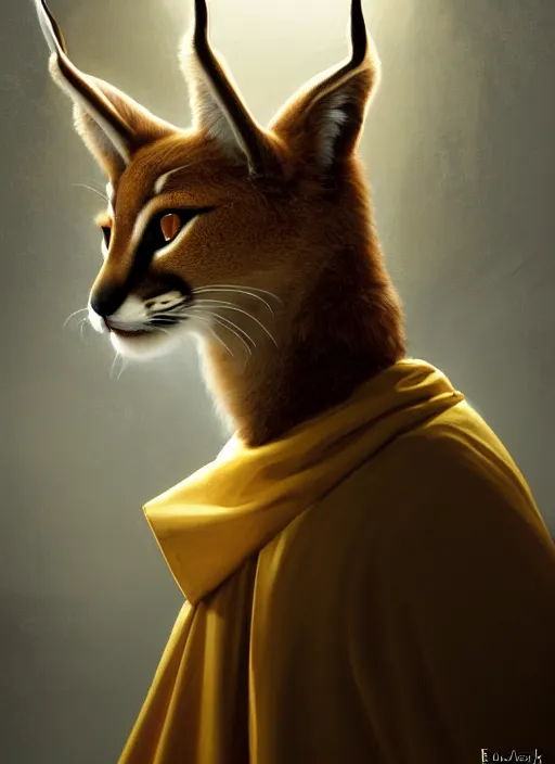 Image similar to surrealistic portrait of cute fluffy anthropomorphic caracal as orthodox priest in golden clothes, caracal head, wearing vr, in orthodox church at background, dynamic lighting, darkness, ambients, dramatic, foggy, heavy bokeh and blur, cinematic, depth of field, art by bussiere rutkowski andreas rocha