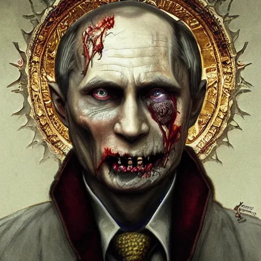 Image similar to zombie Putin in Kremlin, fantasy, intricate, highly detailed, digital painting, artstation, concept art, smooth, sharp focus, illustration, art by artgerm and greg rutkowski and alphonse mucha