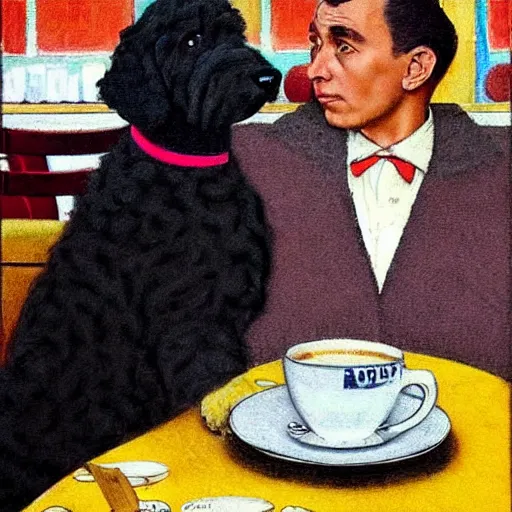 Prompt: Black Goldendoodle with a bright face and a puppy sitting at a diner drinking a cup of coffee, looking melancholy, Norman Rockwell style