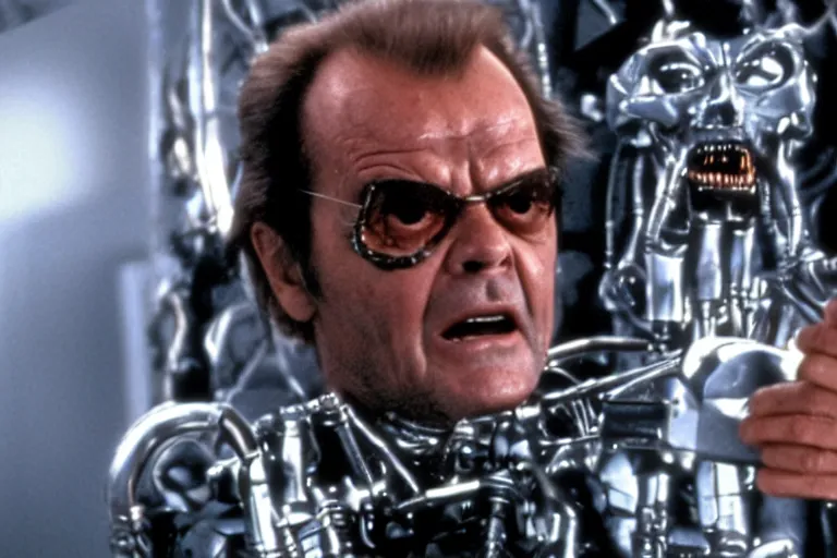 Image similar to Jack Nicholson plays Terminator, scene where his endoskeleton gets exposed, still from the film
