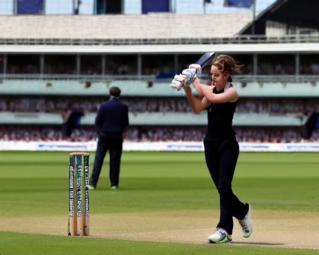 Prompt: emma watson opens the batting for england at lord's cricket ground