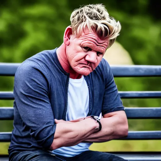 Prompt: dslr photo still of sad gordon ramsay sitting on a park bench with a tear on his cheek, 8 k, 1 1 0 mm f 1 6