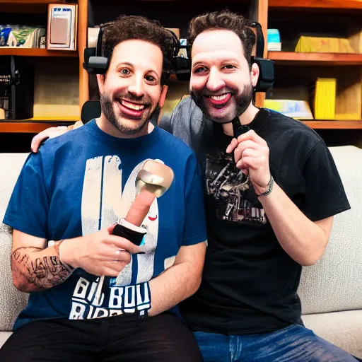 Image similar to radio hosts david brody and skeery jones the brooklyn boys podcast real life, 8 k, 4 k uhd, realistic, hyper realistic, super detailed, very detailed, detailed