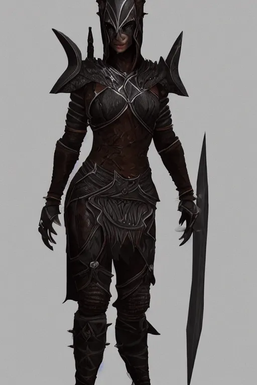 Image similar to female adventurer in tight full - body ebony leather armor of dunmer design with white porcelain crow mask, trending in artstation, establishing shot