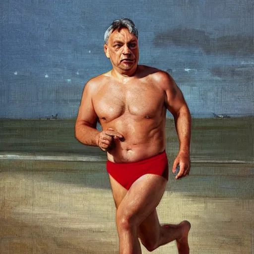 Prompt: portrait of hungarian prime minister viktor orban in red swimming shorts running on a beach, intricate, hyperdetailed, photorealistic, diffuse lighting, hdrp, artstation, unreal 5, smooth, textless, sharp focus, art by john collier, albert aublet, krenz cushart, artem demura, alphonse mucha