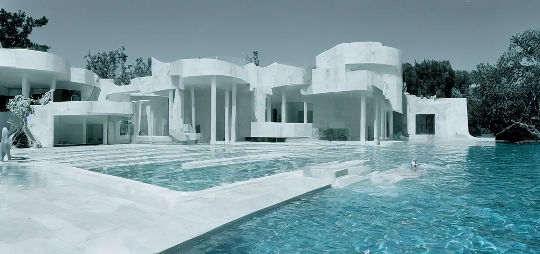 Prompt: ivory - white marble house designed by ictinus in california. photographed in 1 9 7 2. person swimming underwater in pool