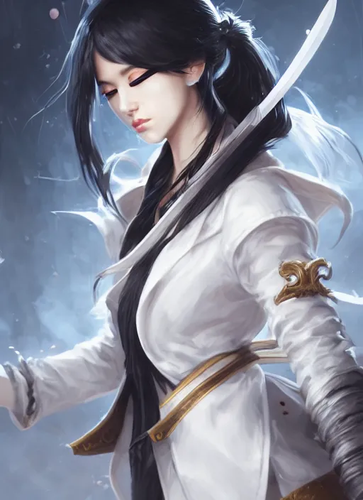 Image similar to a highly detailed illustration of fierce messy ponytail black haired one eyed japanese woman wearing long white coat, wearing eyepatch, dramatic wielding paper sword pose, intricate, elegant, highly detailed, centered, digital painting, artstation, concept art, smooth, sharp focus, league of legends concept art, wlop.