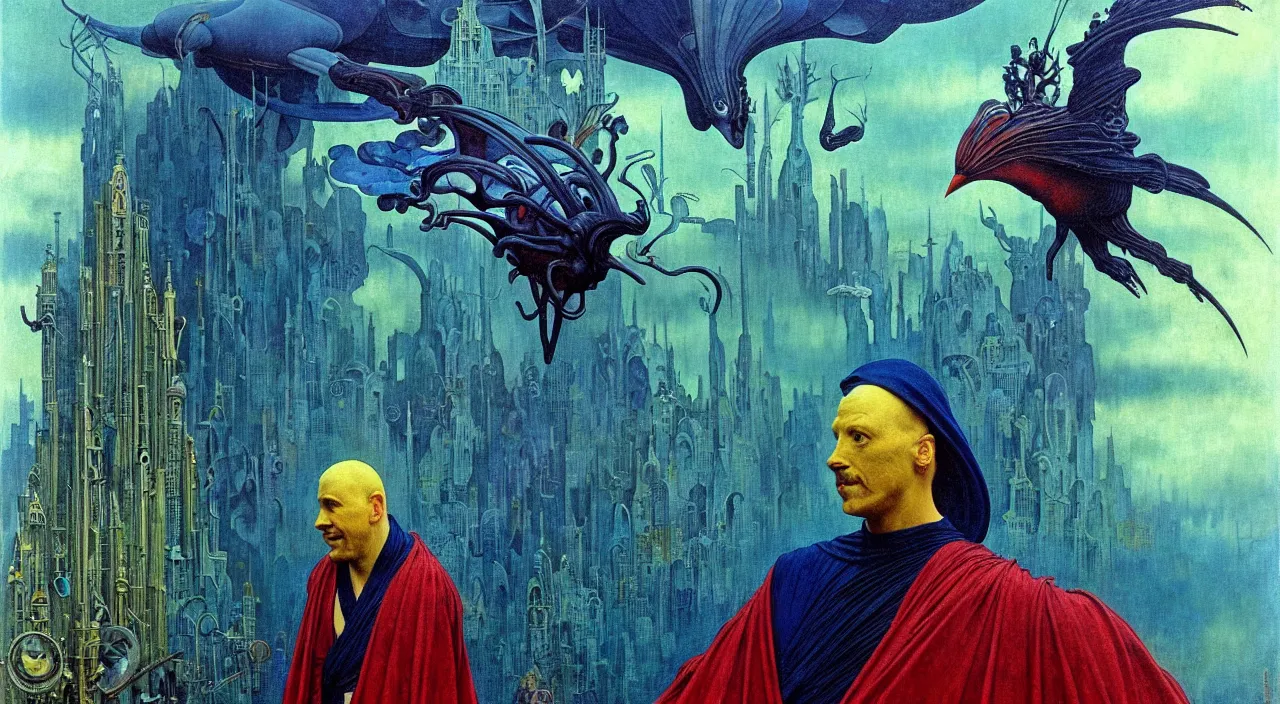 Image similar to realistic detailed portrait movie shot of a birdman wearing dark robes, sci fi city landscape background by denis villeneuve, amano, yves tanguy, alphonse mucha, ernst haeckel, max ernst, roger dean, masterpiece, rich moody colours, blue eyes, occult