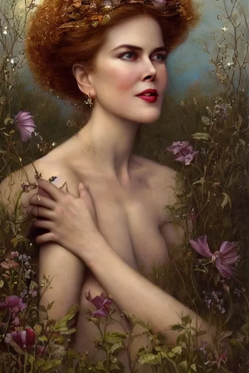 Image similar to An extremely beautiful young nicole kidman from the early 90s explaining the birds and the bees by Tom Bagshaw in the style of a modern Gaston Bussière, art nouveau, art deco, surrealism. Extremely lush detail. Melancholic scene. Perfect composition and lighting. Profoundly surreal. High-contrast lush surrealistic photorealism. Sultry and mischievous expression on her face.