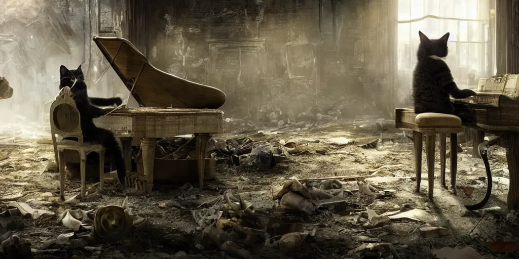 Image similar to cat playing piano in a post apocalyptic world, cinematic and very detailed, 8k hdr