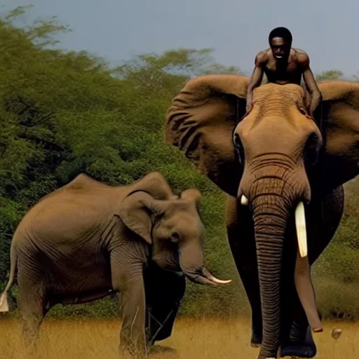 Image similar to film still of matrix, extreme wide shot of an tribal african man riding an elephant alone on the savannah, extreme long shot, 4 k, award winning