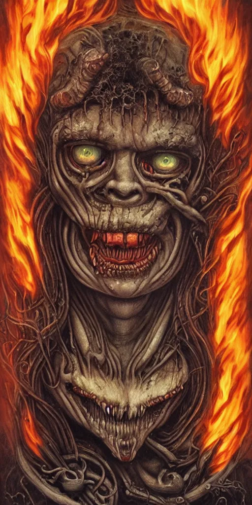 Image similar to giger doom demon portrait of a handsome satanic brown haired hippie with long hair and blue eyes, fire and flame, Pixar style, nightmare fuel, by Tristan Eaton Stanley Artgerm and Tom Bagshaw.