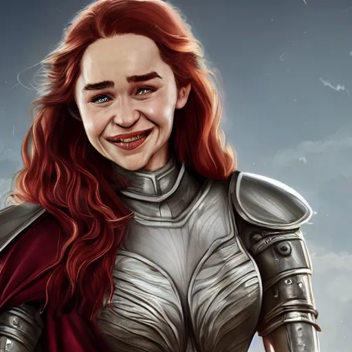 Image similar to emilia clarke, as a medieval fantasy character, with dark reddish hair, wearing light, silver armor and red clothing, tan complexion, holding a longsword, smiling, noble, cinematic, gloomy background, realistic, digital art, character art, 8 k