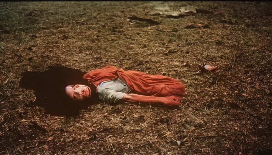 Image similar to 7 0 s film still from a horror movie about a person crawling out of a grave, kodachrome, cinecolor, cinestill, film grain, film texture, retro, cinematic, high resolution, photorealism,