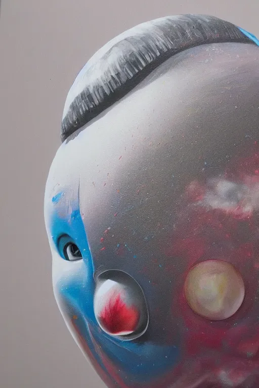 Image similar to hyperrealism surrealism acrylic painting, aerosol splashes on paper, close - up portrait of bowling ball - man