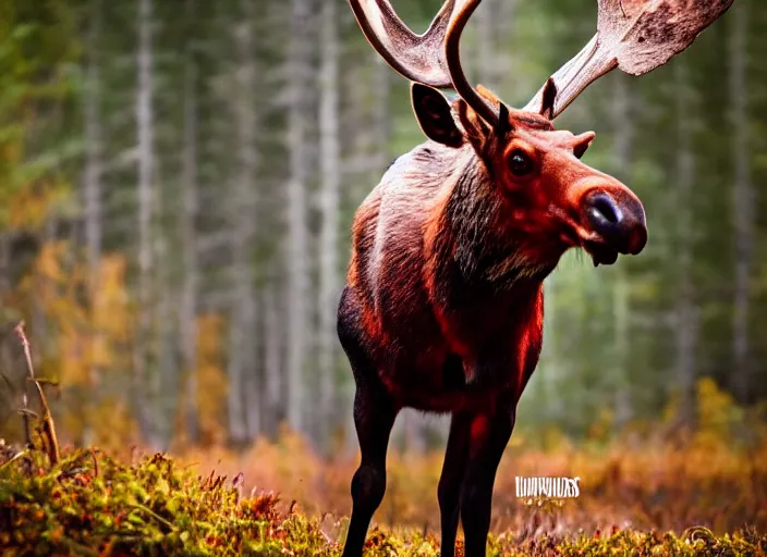 Prompt: an award winning photo of an! undead!!! zombie!! moose with red! eyes!, full body portrait, evening!! in the forest, 4 k, wildlife photography, high quality, national geographic