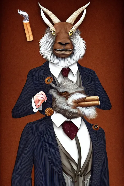 Image similar to beautiful portrait commission of a male furry anthro mountain goat wearing a pinstripe suit and waistcoat, smoking a cigar, award-winning, detailed, trending on artstation