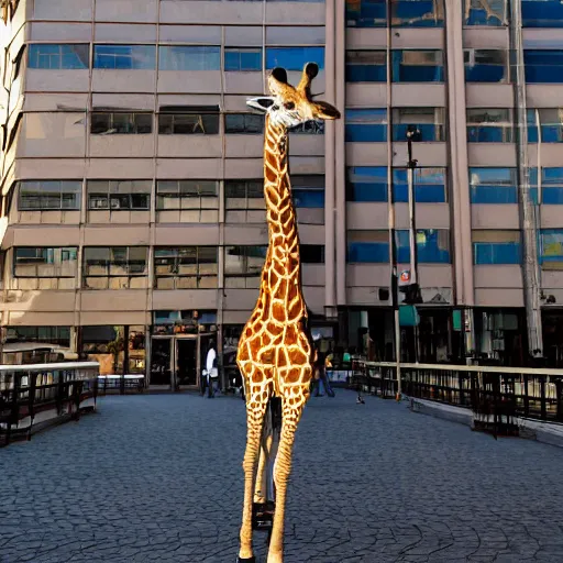 Image similar to a giraffe in ballet suit standing in the center of city