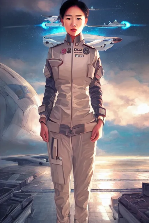 Image similar to portrait futuristic asian airforce girl, looking at the camera, expressive pose, symmetrical face, in future airport rooftop , sci-fi, fantasy, intricate, very very beautiful, elegant, human anatomy, neon light, highly detailed, digital painting, artstation, concept art, smooth, sharp focus, illustration, art by tian zi and WLOP and alphonse mucha