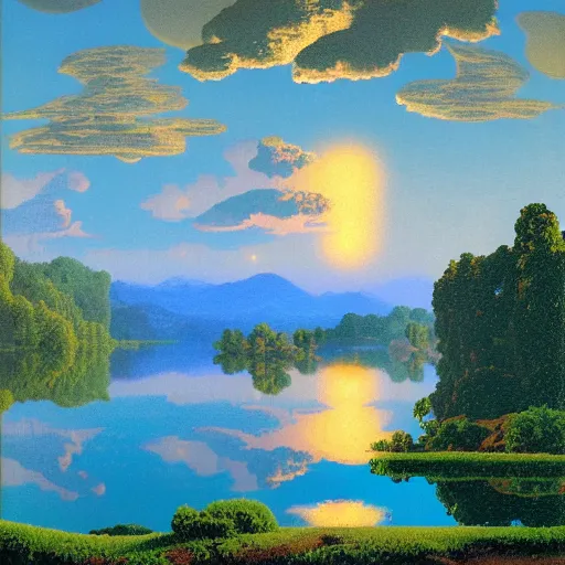 Image similar to night sky reflected in the water, landscape pixel art by maxfield - parrish