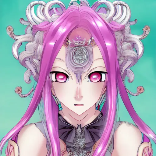 Prompt: stunningly beautiful omnipotent megalomaniacal anime goddess with porcelain skin, pink hair and mesmerizing cyan eyes, symmetrical perfect face smiling in a mischievous haughty way, mid view, hyperdetailed, 2 d, 8 k