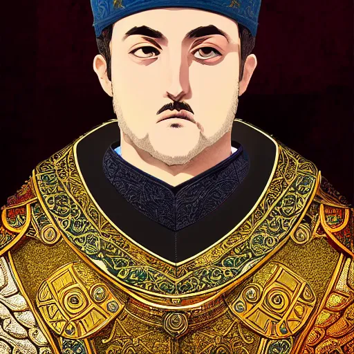 Image similar to portrait of emperor justinian highly detailed, digital painting, concept art, sharp focus, by makoto shinkai