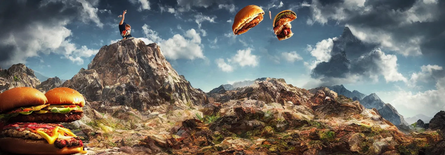 Image similar to a small figure looks up at a giant burger mountain range, megalophobia, digital art, striking, photorealistic, brightly lit, masterpiece