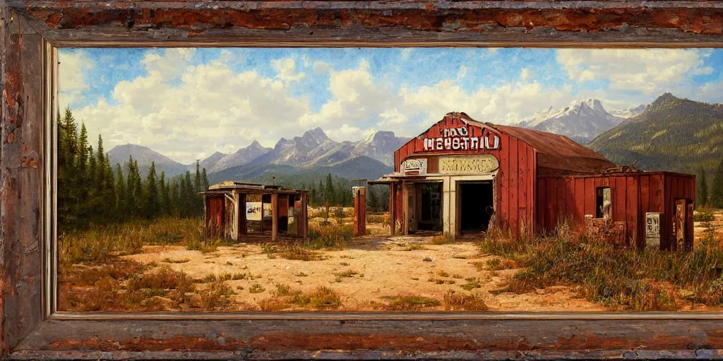 Image similar to an abandoned old rusty American gas station in Colorado mountains, oil painting, highly detailed, artwork, in style of Albert bierstadt