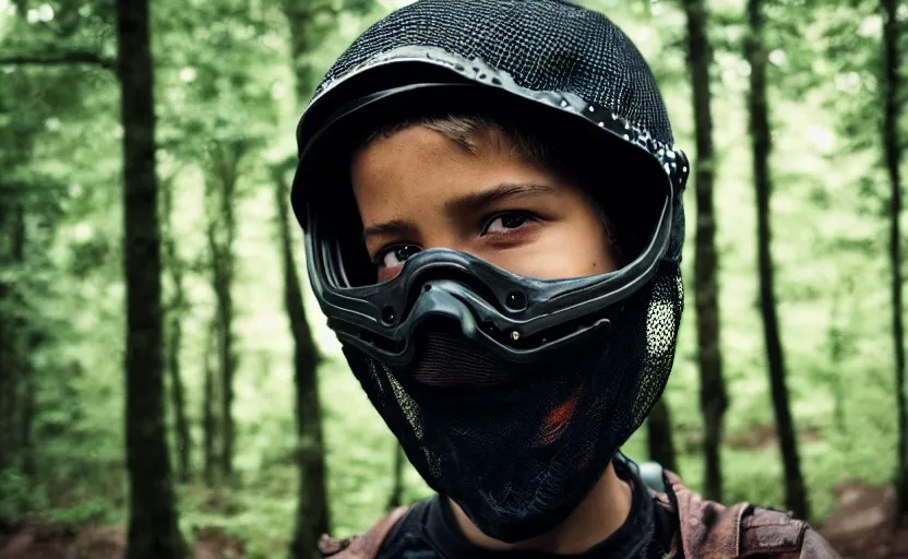 Image similar to cinestill 5 0 d candid photographic portrait by helen levitt of a mixed teen wearing rugged black mesh techwear riding on a dirtbike through a deep forest, extreme closeup, modern cyberpunk moody emotional cinematic, snow storm, 8 k, hd, high resolution, 3 5 mm, f / 3 2, ultra realistic faces, ex machina