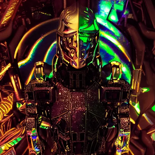 Prompt: “Powerful dark sleek humanoid being wearing iridescent shimmering cosmic gothic ninja armor made of circuit boards (Epic scene, rich atmosphere, octane render, full body portrait)”