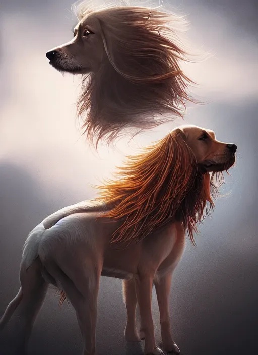 Image similar to beautiful illustration of a dog, gorgeous, amazing, flowing hair, muscular, very muscular male body, in the style abigail larsonand and sam guay, rim light, beautiful lighting, 8 k, stunning scene, octane, trending on artstation