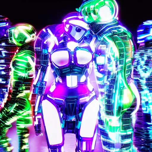 Image similar to love, diverse slow cybersuits, from behind, connection rituals, wide wide angle, vivid, elaborate, highly detailed, beautiful lighting