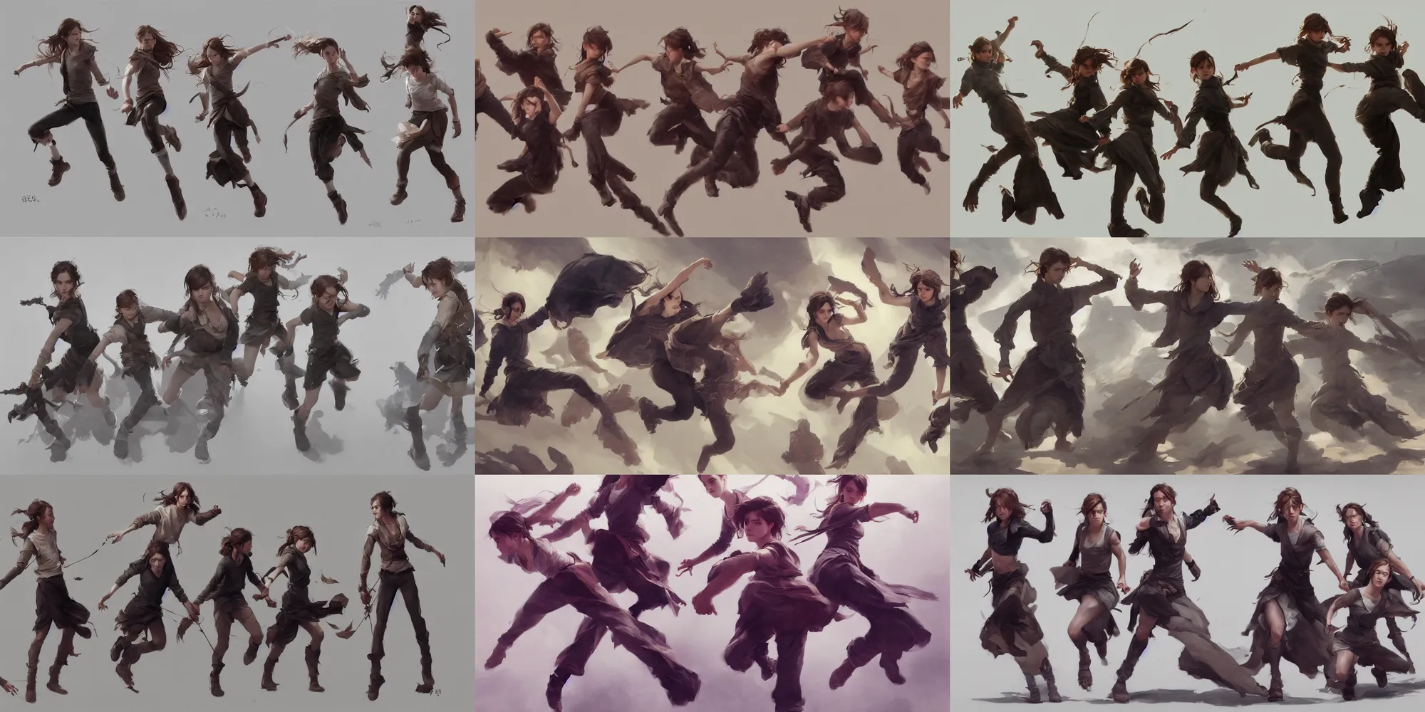 Prompt: emma watson triplets sisters action motion poses taolu jianshu, nanquan, changquan, daoshu, gunshu, qiangshu, nandao and nangun sketch greg rutkowski foreshortening