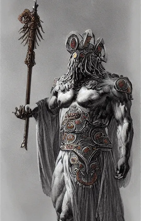 Image similar to zeus god concept, wearing thunder armor, ancient greek ornamented armor, beksinski, weta workshop concept art