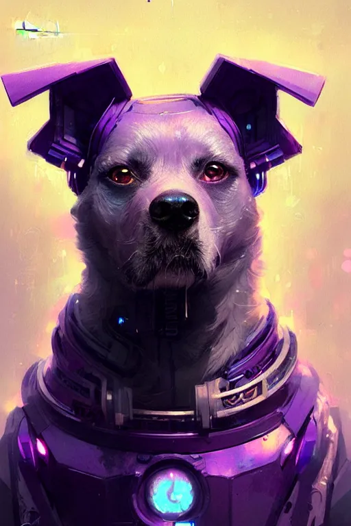 Image similar to a beautiful portrait of a cute cyberpunk dog by greg rutkowski and wlop, purple blue color scheme, high key lighting, digital art, highly detailed, fine detail, intricate, ornate, complex