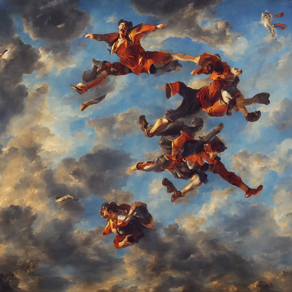 Image similar to full body oil painting of man jumping from a castle in the air