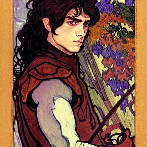 Image similar to portrait painting of young handsome beautiful paladin elf!! man with long! wavy dark hair and blue eyes in his 2 0 s named taehyung minjun james, pale, wearing armor!, gorgeous hair, elf ears, icy eyes, elegant, cute, delicate, soft facial features, art by alphonse mucha, vincent van gogh, egon schiele,